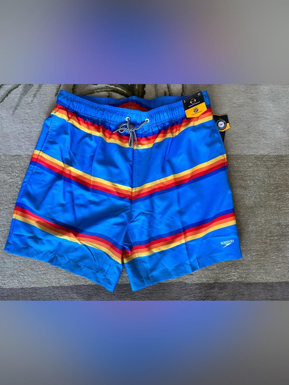 Speedo Men’s L Blue Retro Stripe 18” Swim Trunks UPF 50+ Stretch NWT